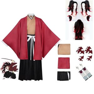 Anime Cosplay |   Inspired by Demon Slayer: Kimetsu no Yaiba Yoriichi Tsugikuni Anime Cosplay Costumes Japanese Halloween Cosplay Suits Kimono Top Pants Earrings For Men‘s Women‘s With Wig Red Anime Cosplay Anime Cosplay