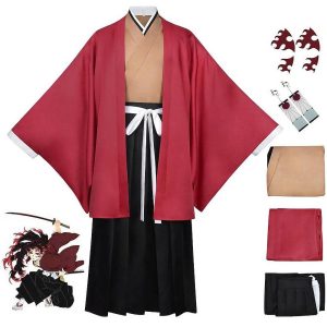 Anime Cosplay |   Inspired by Demon Slayer: Kimetsu no Yaiba Yoriichi Tsugikuni Anime Cosplay Costumes Japanese Halloween Cosplay Suits Kimono Top Pants Earrings For Men’s Women’s Red Anime Cosplay Anime Cosplay