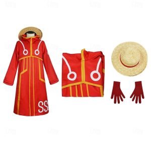 Anime Cosplay |   Inspired by One Piece Monkey D. Luffy Anime Cosplay Costumes Japanese Halloween Cosplay Suits Long Sleeve Coat Gloves Hat For Men’s Boys Orange Anime Cosplay Anime Cosplay