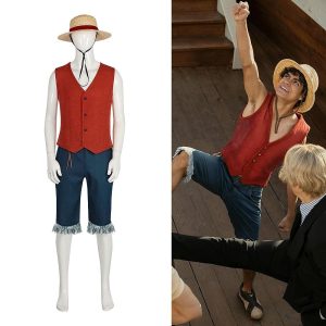 Anime Cosplay |   Inspired by One Piece Monkey D. Luffy Anime Cosplay Costumes Japanese Halloween Cosplay Suits Vest Pants Hat For Men’s Women’s Red (With Hat) Anime Cosplay Anime Cosplay