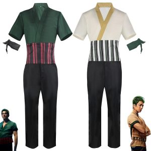 Anime Cosplay |   Inspired by One Piece Roronoa Zoro Anime Cosplay Costumes Japanese Halloween Cosplay Suits Short Sleeve Top Pants Sleeves For Men’s Green Anime Cosplay Anime Cosplay