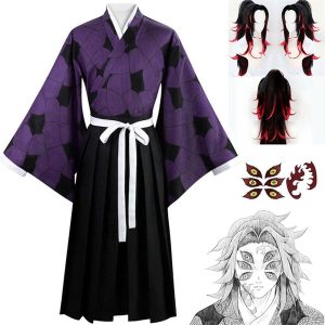 Anime Cosplay |   Kokushibou Cosplay Costumes with Temporary Tattoos Demon Slayer: Kimetsu no Yaiba Japanese Anime Cosplay Costumes Kimono Suits For Men‘s Women‘s With Wig Black & Purple Anime Cosplay Anime Cosplay