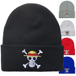 Anime Cosplay |   One Piece Beanie Hats Knitted Cap Luffy Embroidered  Skull Crossbones Warm Stretchable Anime Accessories Unisex Black Anime Cosplay Anime Cosplay