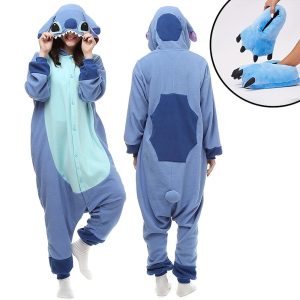 Anime Cosplay |   Set with Flannel Onesie Kigurumi Pajamas Claw Slippers 2 PCS Set Nightwear Camouflage Cute Blue Monster Cartoon Animal Adults Unisex  Cozy Homewear Blue Stitch Anime Cosplay Anime Cosplay