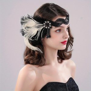 Costumes Jewelry |   1920s Flapper Faux Feather Headband With Stretchy Lace Band Crystal Beaded Tassel Faux Feather Headpiece Fascinator For Women Champagne Cosplay & Costumes Champagne