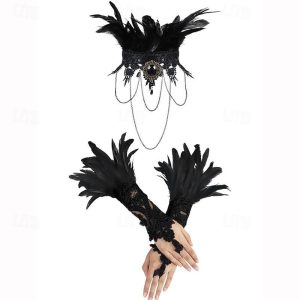 Costumes Jewelry |   Choker Necklace Opera Gloves Gloves Headband Punk & Gothic Steampunk Feather Lace For Cosplay Carnival Women’s Costume Jewelry Fashion Jewelry Black set Cosplay & Costumes Black set