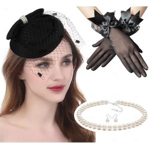 Costumes Jewelry |   Classical Retro Vintage 1950s Outfits Pillbox Hat Fascinators Hat Head Jewelry Necklace Long Gloves Bridal Women’s Carnival Wedding Wedding Guest Party / Cocktail Gloves Black Cosplay & Costumes Black