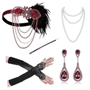 Costumes Jewelry |   Elegant Vintage 1920s The Great Gatsby Ball Gown Gloves Necklace Flapper Headband Accessories Set Headbands Necklace Earrings The Great Gatsby Women’s Feather Beads New Year Festival Gloves All Red Cosplay & Costumes Costumes Jewelry