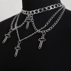 Costumes Jewelry |   Gothic Necklace Chocker Chain Criss Cross Multi-Element Multi-Layer Necklace Chain Punk Gothic Style Silver Cosplay & Costumes Costumes Jewelry