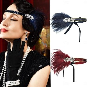 Costumes Jewelry |   Head Jewelry Flapper Headband Headwear Retro Vintage Roaring 20s 1920s Feather For The Great Gatsby Flapper Girl Cosplay Halloween Carnival Women’s Costume Jewelry Fashion Jewelry claret Cosplay & Costumes claret