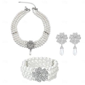 Costumes Jewelry |   Necklace Earrings Bracelet Outfits Retro Vintage Roaring 20s 1920s Alloy For The Great Gatsby Flapper Girl Cosplay Halloween Carnival Women’s Costume Jewelry Fashion Jewelry White 3 Cosplay & Costumes Costumes Jewelry