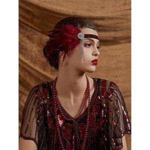 Costumes Jewelry |   Retro Vintage Roaring 20s 1920s Flapper Headband The Great Gatsby Carnival Performance Wedding Party Headwear Wine Red Cosplay & Costumes Costumes Jewelry