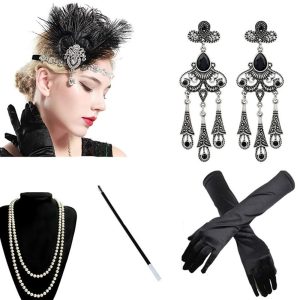 Costumes Jewelry |   Roaring 20s 1920s The Great Gatsby Costume Accessory Sets Gloves Flapper Headband Accessories Set Head Jewelry Earrings Pearl Necklace The Great Gatsby Charleston Women’s Tassel Fringe Solid Color Black Cosplay & Costumes Black