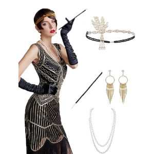 Costumes Jewelry |   Roaring 20s 1920s The Great Gatsby Dress Costume Accessory Sets Gloves Flapper Headband Halloween Costumes Head Jewelry Earrings Pearl Necklace The Great Gatsby Charleston Women’s Tassel Fringe Solid Golden Black Cosplay & Costumes Costumes Jewelry