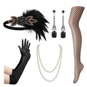 Costumes Jewelry |   Set with Feather Flapper Headband Long Gloves Fishnet Stocking Earings Pearl Necklace Retro Vintage Roaring 20s 1920s Accesories Set The Great Gatsby Women’s Cosplay Costume Carnival Party Evening Black Gold Cosplay & Costumes Black Gold