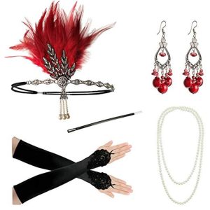 Costumes Jewelry |   Vintage 1920s The Great Gatsby Flapper Headband Accessories Set Necklace Earrings Set Charleston Women’s Feather Festival Gloves Red & White Cosplay & Costumes Costumes Jewelry