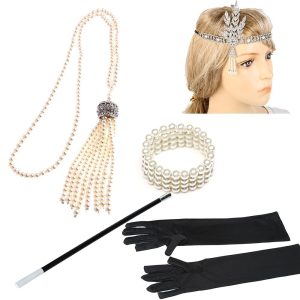 Costumes Jewelry |   Vintage Roaring 20s 1920s Roaring Twenties Costume Accessory Sets Flapper Headband Accessories Set Head Jewelry Pearl Necklace The Great Gatsby Charleston Women’s Artistic Style Feathers Party Prom Golden Black Cosplay & Costumes Costumes Jewelry