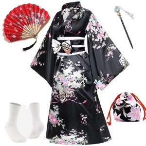 Ethnic & Cultural Costumes |   Japanese Anime Women’s Kimono Robe Geisha Yukata Sweet Dress Blossom Satin Bathrobe Sleepwear Fans Socks Hair Accessories Purse 5 PCS Black Cosplay & Costumes Black