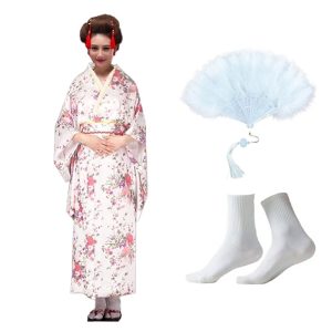 Ethnic & Cultural Costumes |   Japanese Anime Women’s Kimono Robe Geisha Yukata Sweet Dress Blossom Satin Bathrobe Sleepwear Feather Fans Socks 3 PCS White Cosplay & Costumes Ethnic & Cultural Costumes