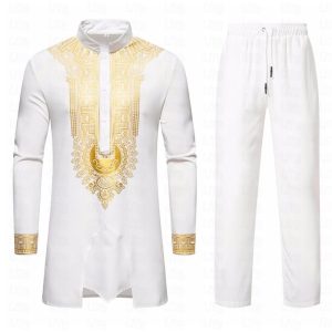 Ethnic & Cultural Costumes |   Men’s Shirt Modern African Outfits African Print Dashiki Adults’ Top Pants White Cosplay & Costumes Ethnic & Cultural Costumes