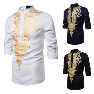 Ethnic & Cultural Costumes |   Men’s Shirt Modern African Outfits African Print Dashiki Masquerade Adults Shirt Party Dark Navy Cosplay & Costumes Dark Navy