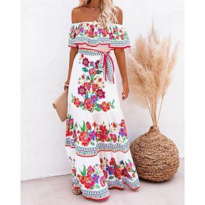 Ethnic & Cultural Costumes |   Mexican Dress for Women Off-Shoulder Ruffle Floral Print Summer Party Casual Maxi Dresses Ladies Beach Sundress White Cosplay & Costumes Ethnic & Cultural Costumes