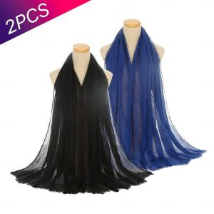 Ethnic & Cultural Costumes |   Set with 2 PCS Muslim Hijab Head Wrap Solid Color Bubble Chiffon Scarf for Women Fashion Soft Hijab Long Scarf Wrap Scarves 175*70cm Ramadan Arabian Muslim Islamic Black and Blue Cosplay & Costumes Black & Blue