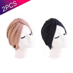 Ethnic & Cultural Costumes |   Set with 2 PCS Pleated Twist Knot Turban Elastic Chemo Cap Hijab Bonnet Headwear Beanie Cap Hat For Cancer Patient Hair Loss Accessories Ramadan Arabian Muslim Islamic khaki&black Cosplay & Costumes Ethnic & Cultural Costumes