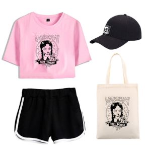 Everyday Cosplay Anime Hoodies & T-Shirts |   4 Piece Wednesday Addams Printed Shorts Crop Top Baseball Caps Canvas Tote Bags Set Tee T-Shirt Shorts Co-ord Sets For Women’s Adults’ Outfits & Matching Casual Daily Running Gym Sports Pink Cosplay & Costumes Everyday Cosplay Anime Hoodies & T-Shirts