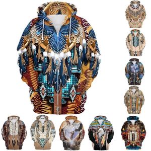 Everyday Cosplay Anime Hoodies & T-Shirts |   American Indian Totem Cartoon Manga Outerwear Anime 3D Front Pocket Graphic For Couple’s Men’s Women’s Adults’ 3D Print Casual Daily Navy Blue Cosplay & Costumes Everyday Cosplay Anime Hoodies & T-Shirts