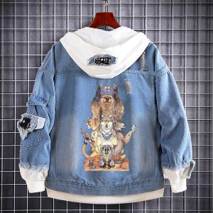 Everyday Cosplay Anime Hoodies & T-Shirts |   American Indian Wolf Native American Anime Cartoon Manga Anime Denim Jacket Harajuku Kawaii For Couple’s Men’s Women’s Adults’ Hot Stamping Sky Blue Cosplay & Costumes Everyday Cosplay Anime Hoodies & T-Shirts