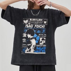 Everyday Cosplay Anime Hoodies & T-Shirts |   Blue Lock Isagi Yoichi T-shirt Oversized Acid Washed Tee Print Graphic For Couple’s Men’s Women’s Adults’ Acid Wash Casual Daily Brown black Cosplay & Costumes Brown black