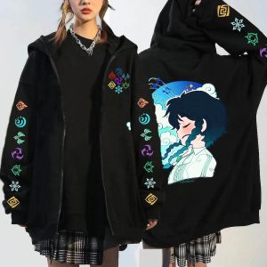 Everyday Cosplay Anime Hoodies & T-Shirts |   Genshin Impact Xiao Hutao Venti Hoodie Outerwear Zip Up Anime Classic Street Style For Couple’s Men’s Women’s Adults’ Hot Stamping Blue Cosplay & Costumes Blue