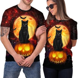 Everyday Cosplay Anime Hoodies & T-Shirts |   Halloween Pumpkin Black Cat T-shirt Anime 3D Graphic For Couple’s Men’s Women’s Adults’ Halloween Carnival Masquerade 3D Print Halloween Casual Daily Orange Cosplay & Costumes Everyday Cosplay Anime Hoodies & T-Shirts