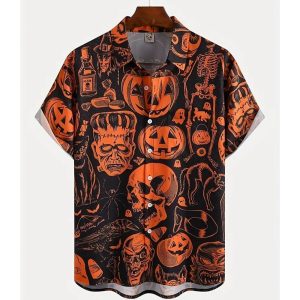 Everyday Cosplay Anime Hoodies & T-Shirts |   Halloween Skeleton Skull Pumpkin Hawaiian Shirts Aloha Shirt Print Shirt For Men’s Adults’ 3D Print Vacation Party Halloween Orange Cosplay & Costumes Everyday Cosplay Anime Hoodies & T-Shirts