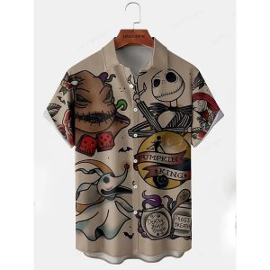 Everyday Cosplay Anime Hoodies & T-Shirts |   Jack Skellington Oogie Boogie Hawaiian Shirts Aloha Shirt Print Graphic For Men’s Adults’ Carnival Masquerade 3D Print Party Casual Daily Light Brown Cosplay & Costumes Everyday Cosplay Anime Hoodies & T-Shirts