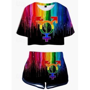 Everyday Cosplay Anime Hoodies & T-Shirts |   LGBT LGBTQ Rainbow Flag Outfits T-shirt Shorts Rainbow Graphic For Women’s Adults’ Carnival Masquerade 3D Print Pride Parade Pride Month Black 2 Cosplay & Costumes Black 2