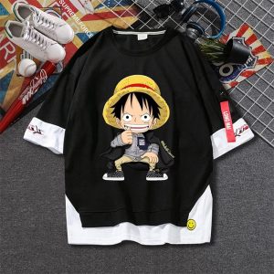 Everyday Cosplay Anime Hoodies & T-Shirts |   One Piece Monkey D. Luffy T-shirt Cartoon Manga Anime Fake two piece Harajuku Street Style For Couple’s Men’s Women’s Adults’ Back To School Hot Stamping Black Cosplay & Costumes Black