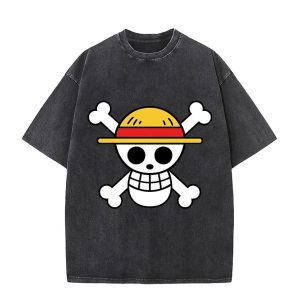 Everyday Cosplay Anime Hoodies & T-Shirts |   One Piece Monkey D. Luffy T-shirt Oversized Acid Washed Tee Print Graphic For Couple’s Men’s Women’s Adults’ Acid Wash Casual Daily black | white Cosplay & Costumes Black / White