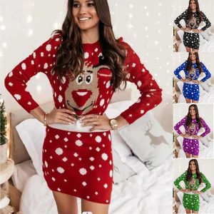 Everyday Cosplay Anime Hoodies & T-Shirts |   Reindeer Rudolph Dress Ugly Christmas Sweater / Sweatshirt Pullover Women’s Cute Sweet Christmas Christmas Eve Party & Evening New Year Eve Polyester Dress Black Cosplay & Costumes Black