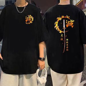 Everyday Cosplay Anime Hoodies & T-Shirts |   Rengoku Kyoujurou T-shirt Print Classic Street Style For Couple’s Men’s Women’s Adults’ Hot Stamping Casual Daily Black Cosplay & Costumes Black