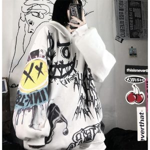 Everyday Cosplay Anime Hoodies & T-Shirts |   Smile Face Print Oversized Hoodie Sweater Punk Goth Hip-Hop Street BF Style Harajuku Women’s Adults’ Halloween Casual Daily White Cosplay & Costumes Everyday Cosplay Anime Hoodies & T-Shirts