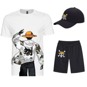 Everyday Cosplay Anime Hoodies & T-Shirts |   Three Piece Printed T-Shirt Shorts Baseball Caps Co-ord Sets One Piece Monkey D. Luffy Graphic Outfits & Matching For Men’s Adults’ Casual Daily Running Gym Sports White Pattern Cosplay & Costumes Everyday Cosplay Anime Hoodies & T-Shirts