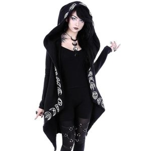 Everyday Cosplay Anime Hoodies & T-Shirts |   Women’s Gothic Hooded Overcoat Goth Girl Plus Size Retro Vintage Punk & Gothic Coat Hoodie Outerwear Wednesday Addams Cosplay Costume Party Long Sleeve Coat Masquerade Black Cosplay & Costumes Black