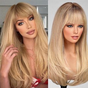 Halloween & Carnival Costumes |   Blonde Long Layered Wig with BangsStraight Hair Wigs for WomenSynthetic Heat Resistant Natural Looking Hair Wig for Party Cosplay Dality Use A1 Cosplay & Costumes A1