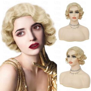 Halloween & Carnival Costumes |   Blonde Short Curly Wigs for women 1920s Finger Wave Wig Synthetic Heat Resistant Vintage Cosplay Costume Hair Wig Blonde Cosplay & Costumes Blonde