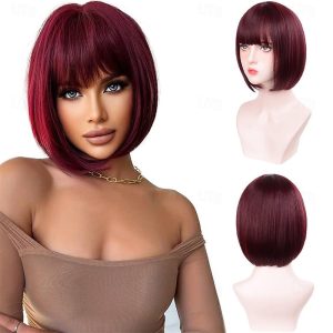 Halloween & Carnival Costumes |   Bob Wigs with Bangs Burgundy Wig for Women Wine Red Wig Short Straight Wig Heat Resistant Fiber Synthetic Wig Halloween Cosplay 99J Colorful Wigs Party Wig A1 Cosplay & Costumes A1