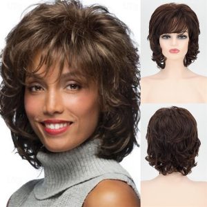 Halloween & Carnival Costumes |   Brown Short Wavy Wigs for White Women with Bangs Medium Shaggy Wave Curly Wig Layered Natural Looking Synthetic Daily Party Wig A1 Cosplay & Costumes A1