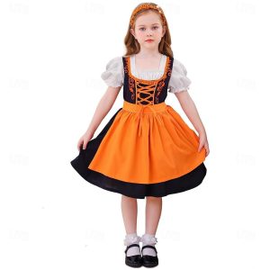 Halloween & Carnival Costumes |   Carnival Oktoberfest Beer Costume Dress Dirndl Trachtenkleider Oktoberfest / Beer Bavarian Bavarian Traditional Costume Dress Wiesn Girls’ Traditional Style Cloth Dress Apron Orange Cosplay & Costumes Halloween & Carnival Costumes