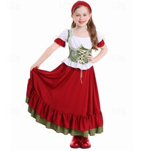 Halloween & Carnival Costumes |   Carnival Oktoberfest Beer Costume Dress Dirndl Trachtenkleider Oktoberfest / Beer Bavarian Traditional Costume Dress Wiesn Girls’ Traditional Style Cloth Skirts Blouses Headband Dark Red Cosplay & Costumes Dark Red